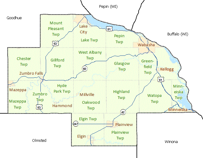 Wabasha County image map with surrounding counties